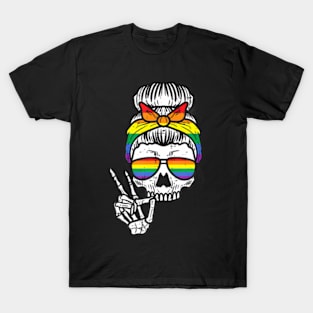 Gay Pride Messy Bun Skull  Flag Lgbt Women Girls Kids T-Shirt